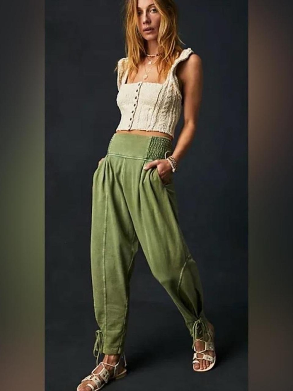 Free People FP One Billie Harem Jogger Pants Sage Green Smocked Waist Size XS